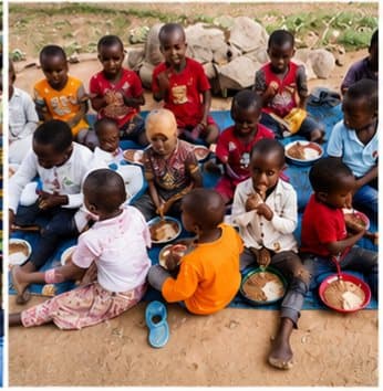A group of children seated together outdoors during a meal activity